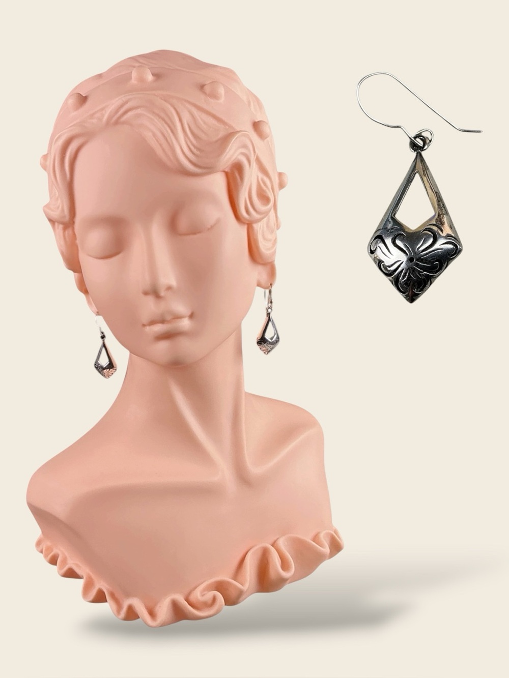 Vintage Earrings Silver Scroll Drop Earrings Geometric Cutout Floral Diamond 90s